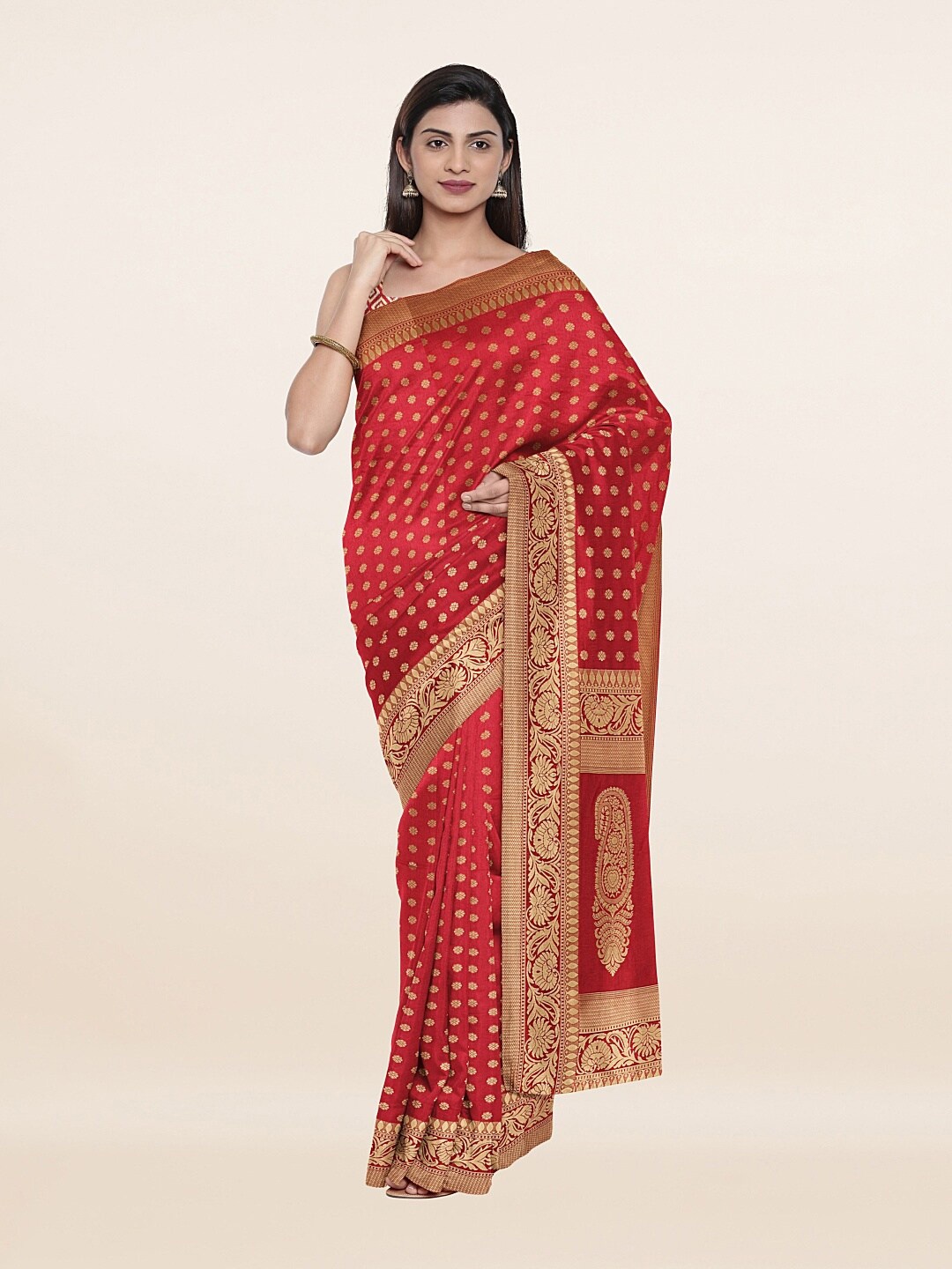 

Pothys Maroon & Gold-Toned Woven Design Art Silk Saree