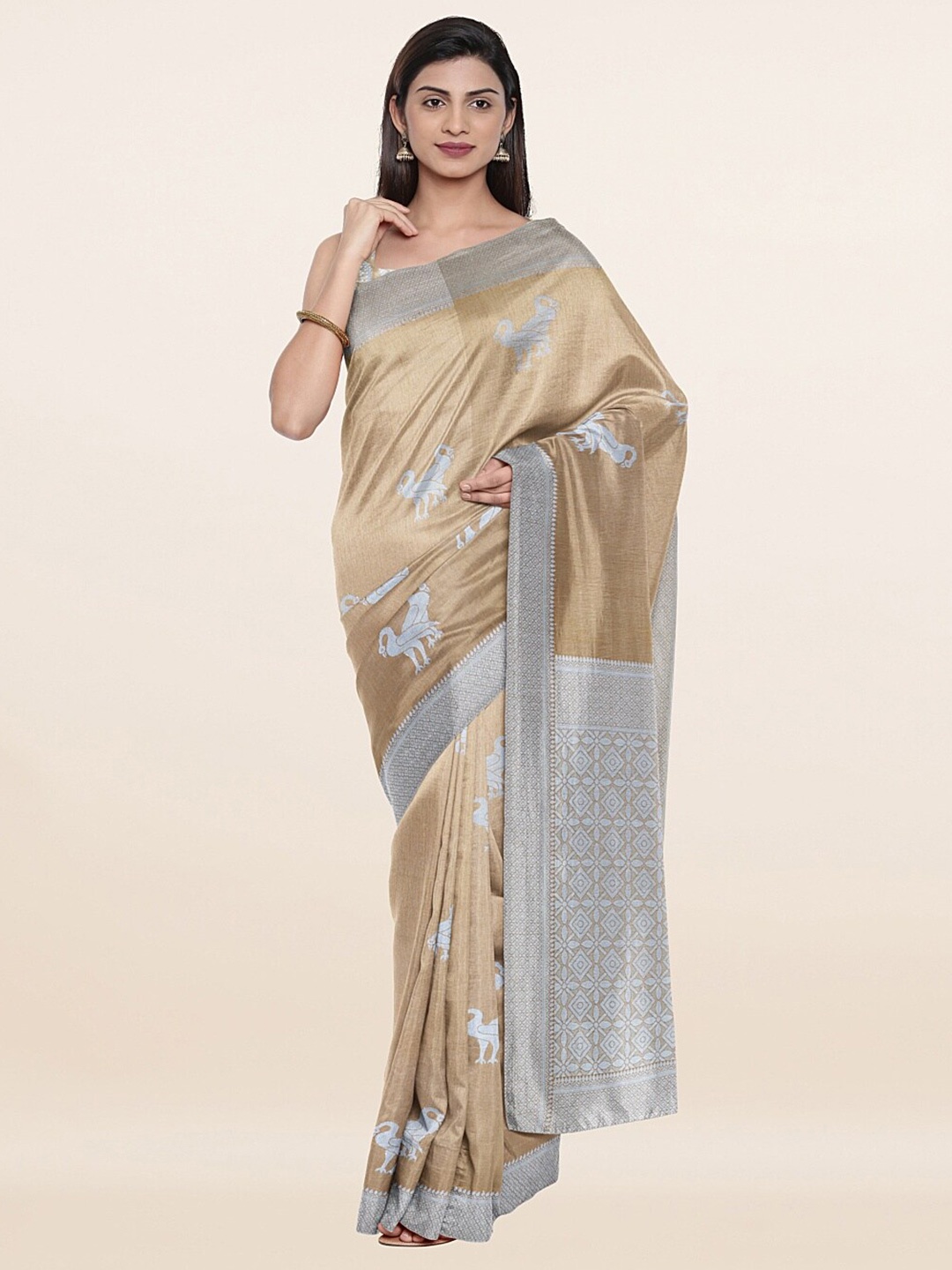 

Pothys Cream-Coloured & Silver Floral Art Silk Saree