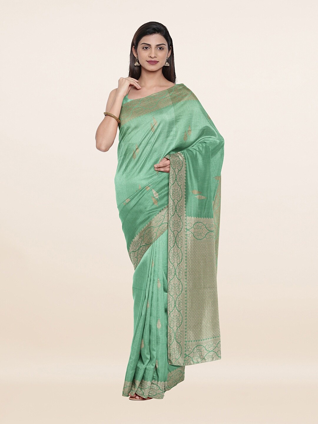 

Pothys Green & Gold-Toned Woven Design Art Silk Saree