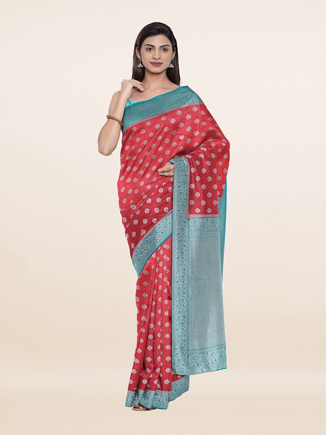 

Pothys Pink & Blue Floral Zari Art Silk Saree