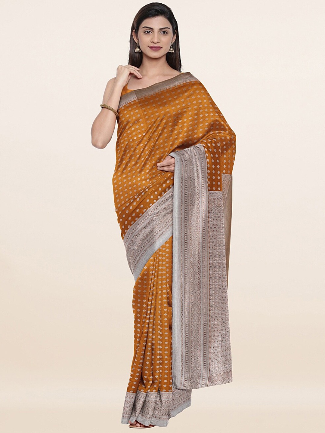

Pothys Mustard & Silver-Toned Floral Art Silk Saree