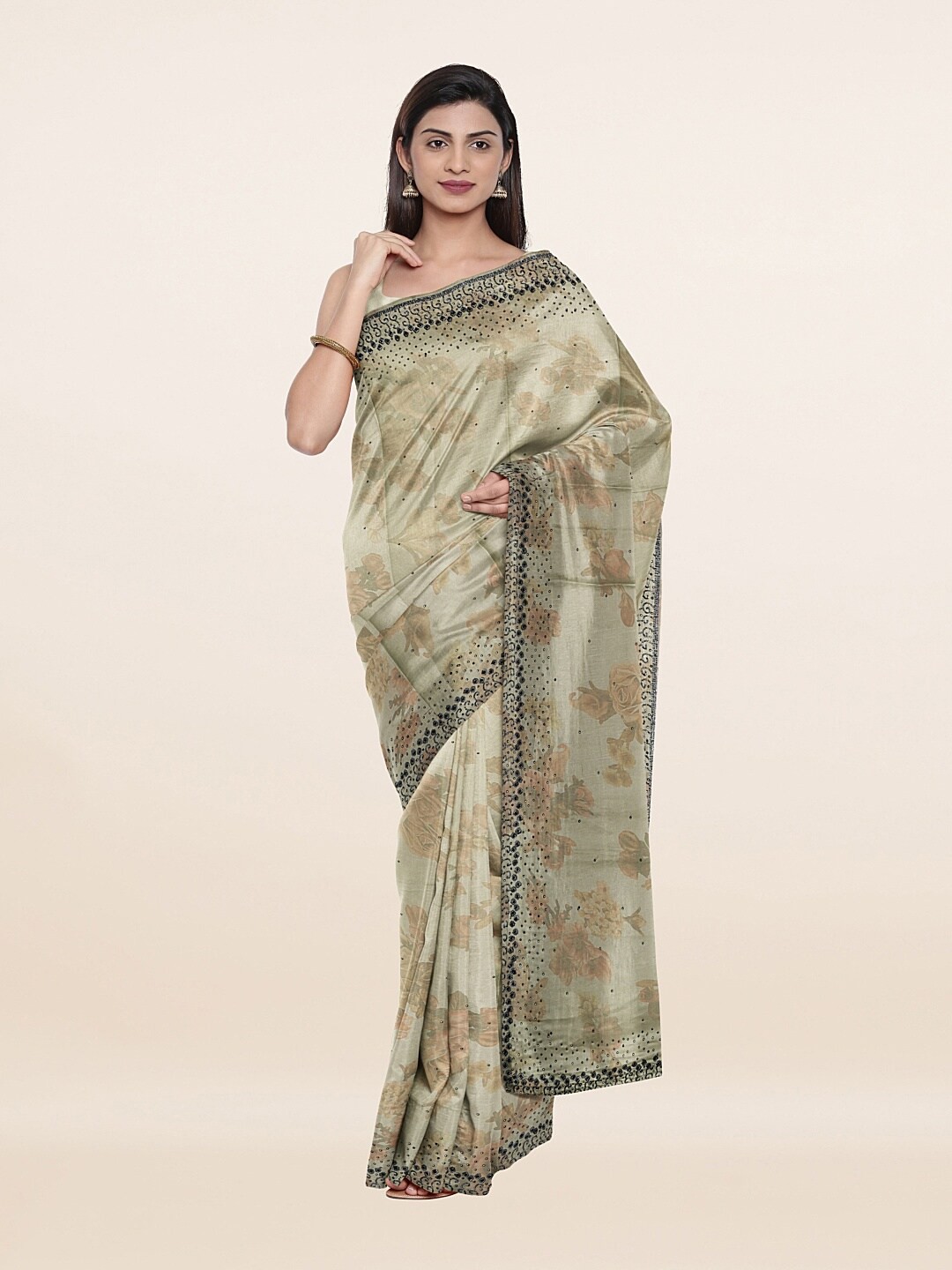 

Pothys Green & Black Floral Embroidered Saree