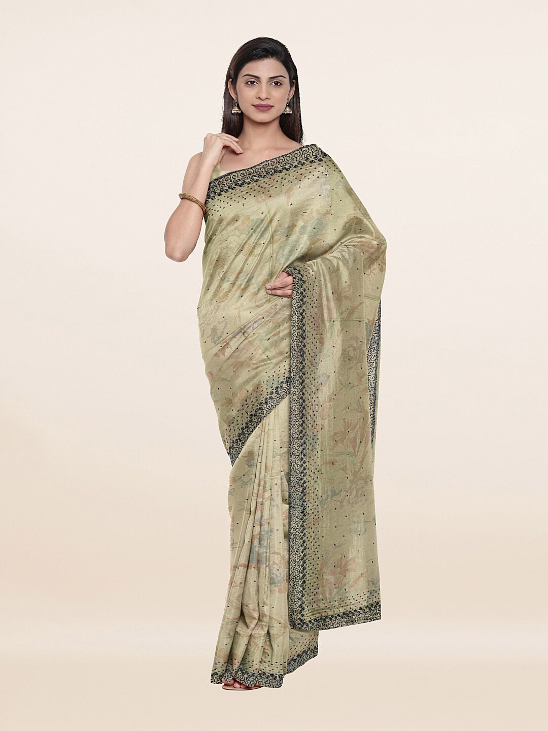 

Pothys Green & Beige Floral Embellished Poly Georgette Saree