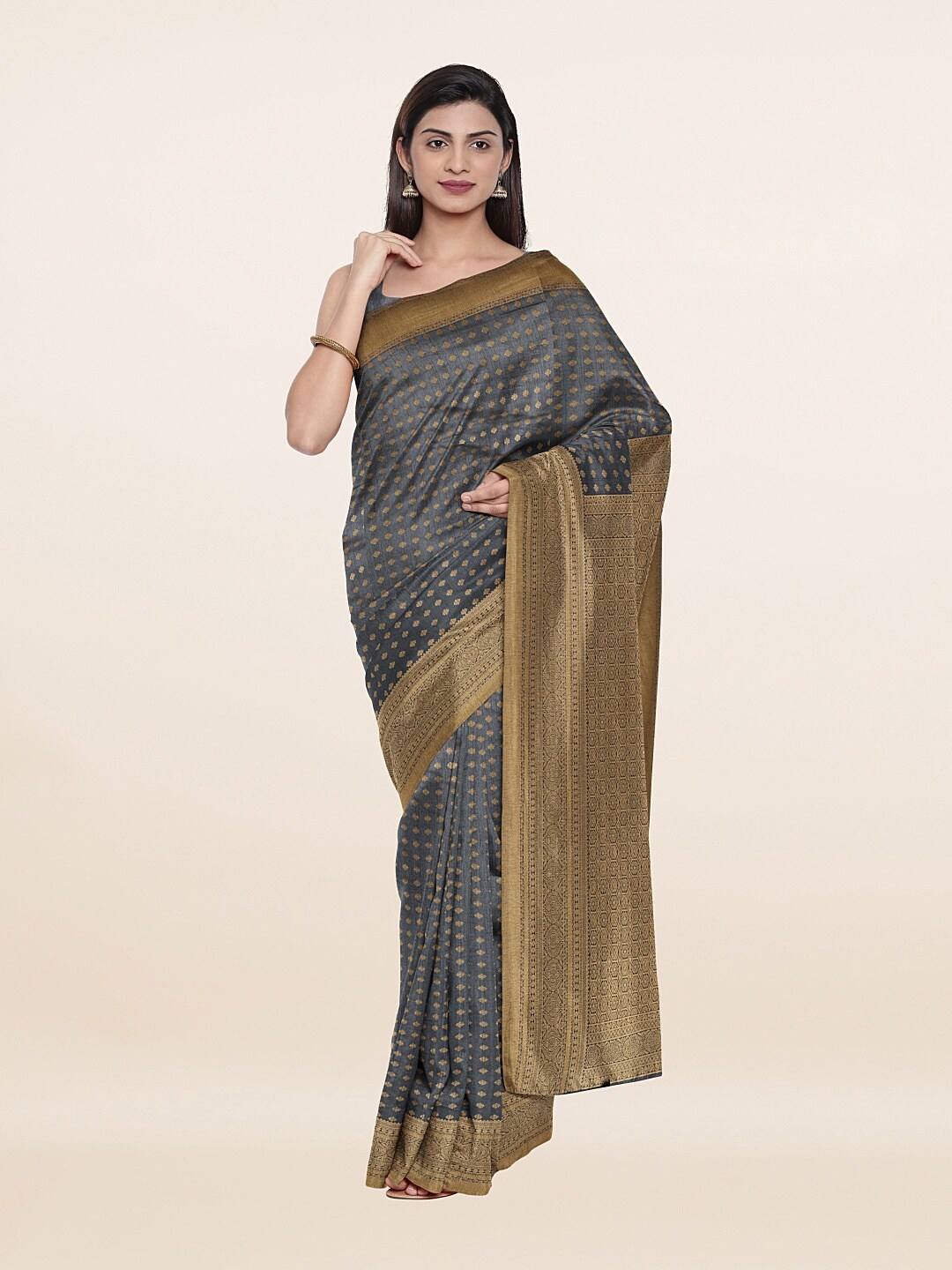 

Pothys Grey & Gold-Toned Woven Design Art Silk Saree