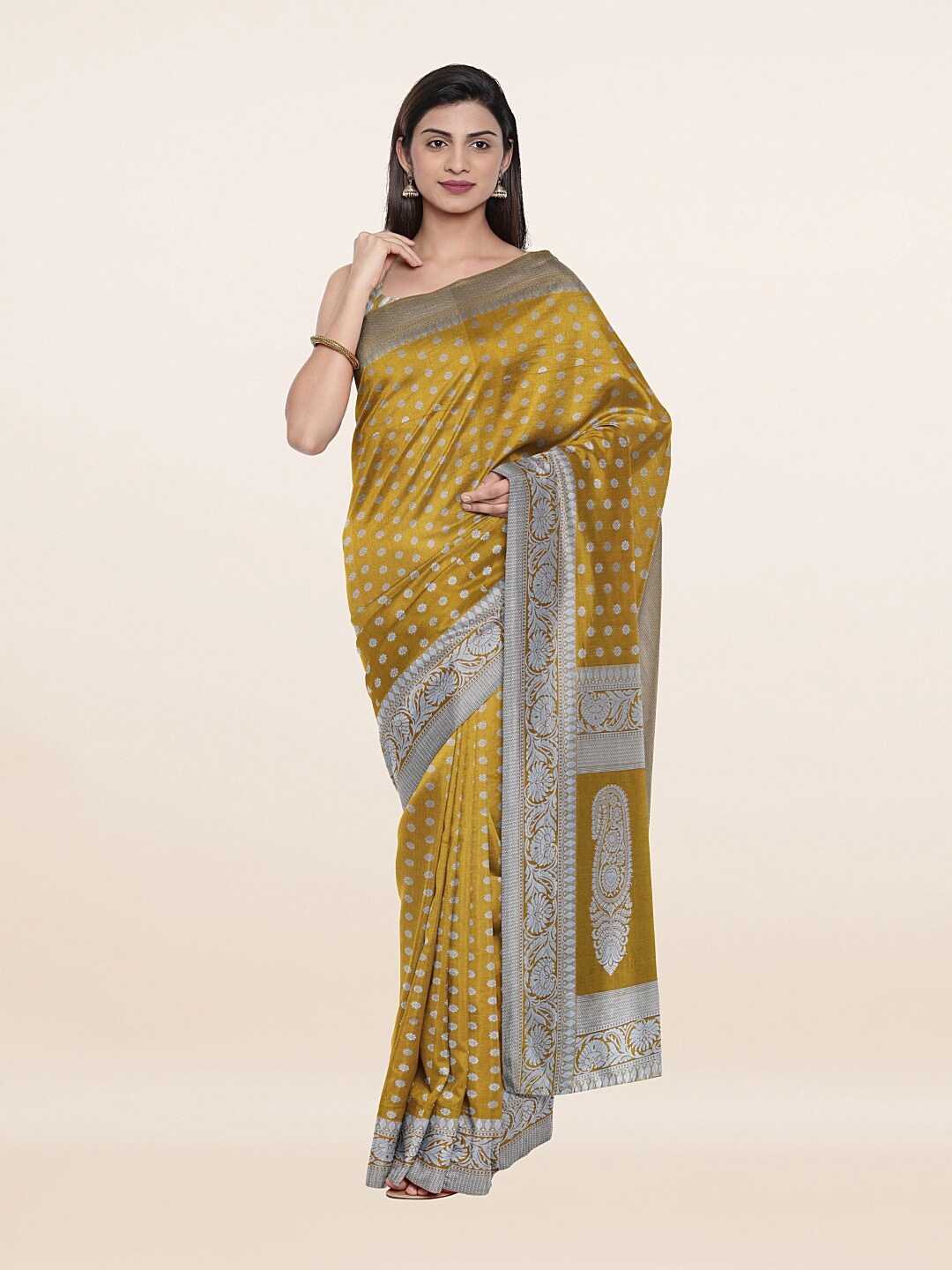 

Pothys Yellow & Gold-Toned Woven Design Art Silk Saree