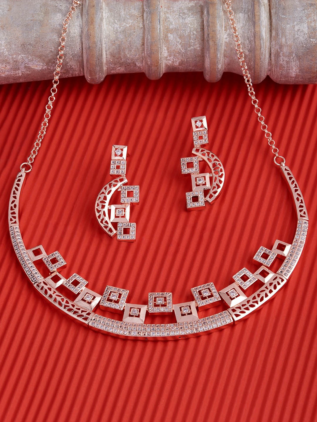 

AMI Rose Gold Plated White Cubic Zirconia Studded Jewellery Set