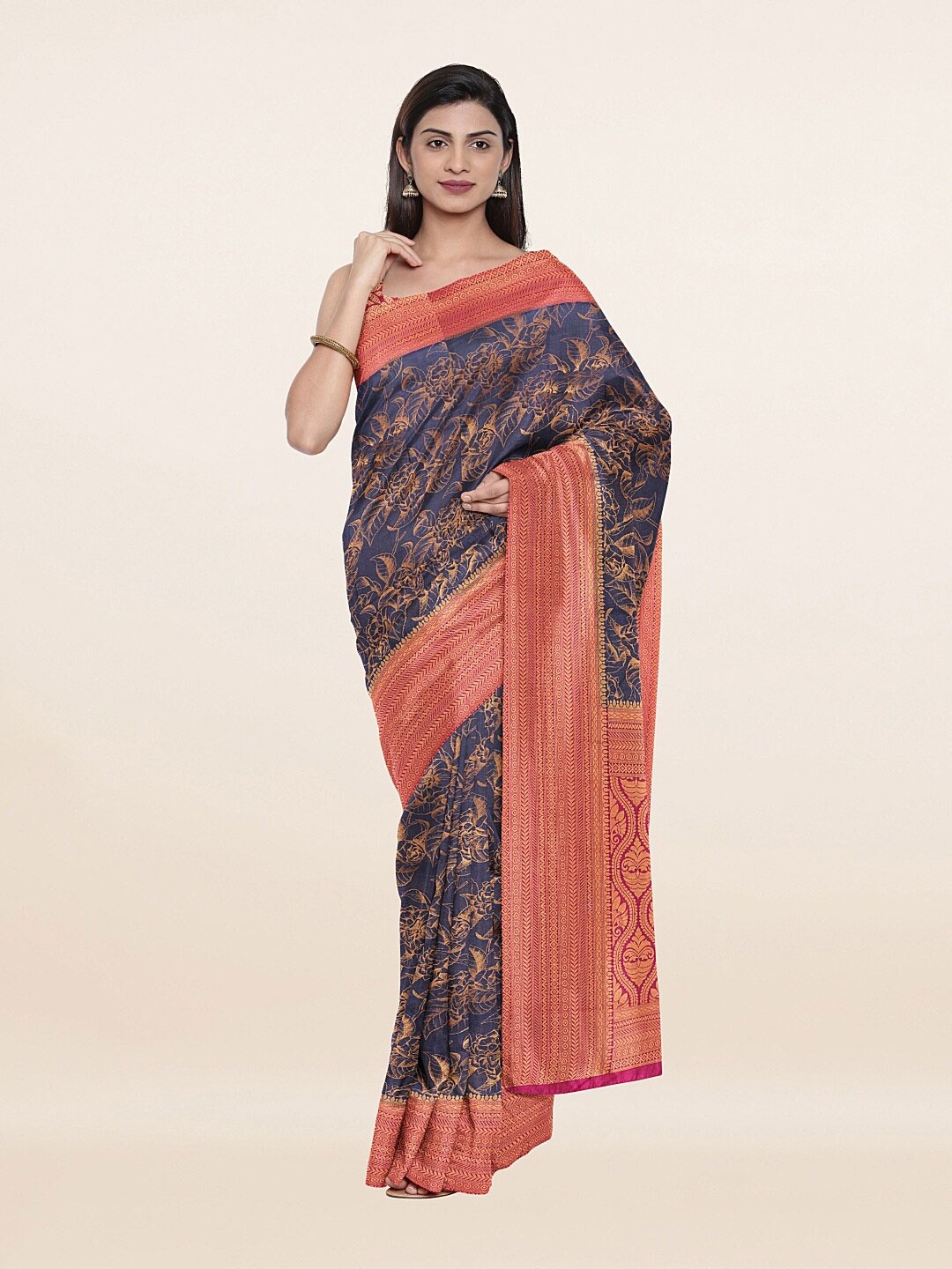 

Pothys Blue & Brown Floral Woven Design Art Silk Saree