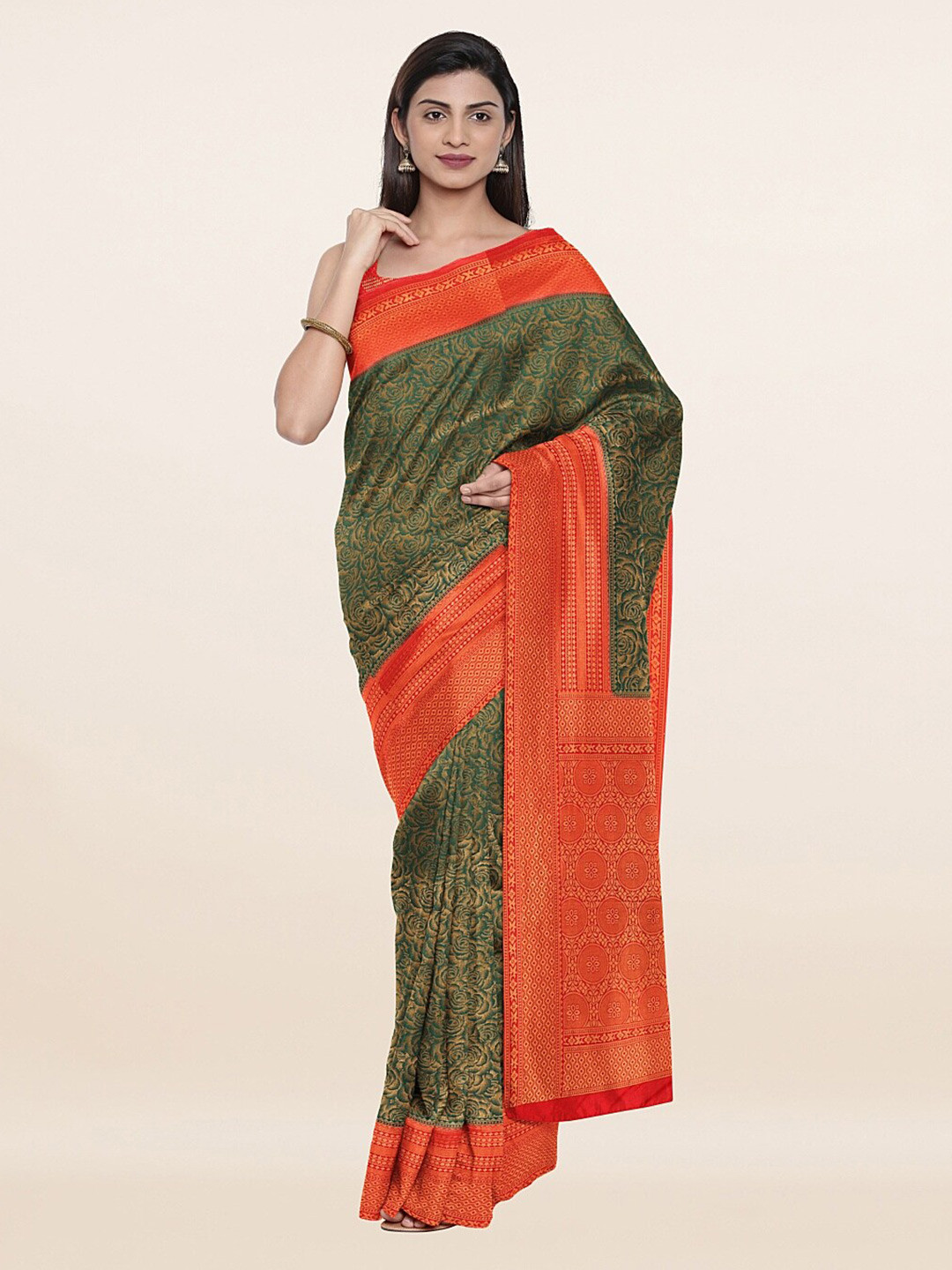 

Pothys Green & Orange Floral Art Silk Saree