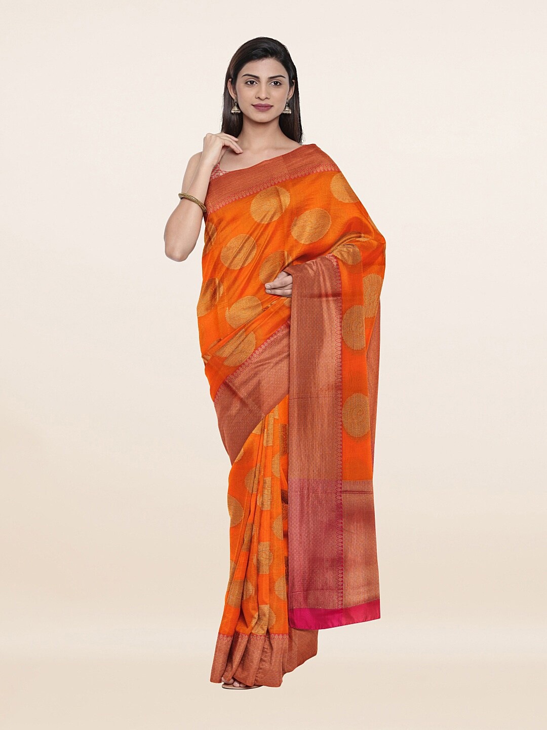 

Pothys Orange & Red Ethnic Motifs Zari Saree
