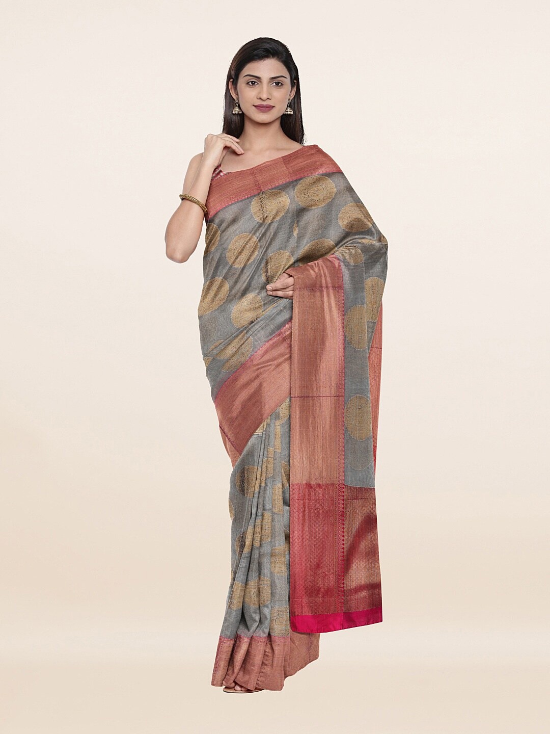 

Pothys Grey & Pink Ethnic Motifs Zari Saree