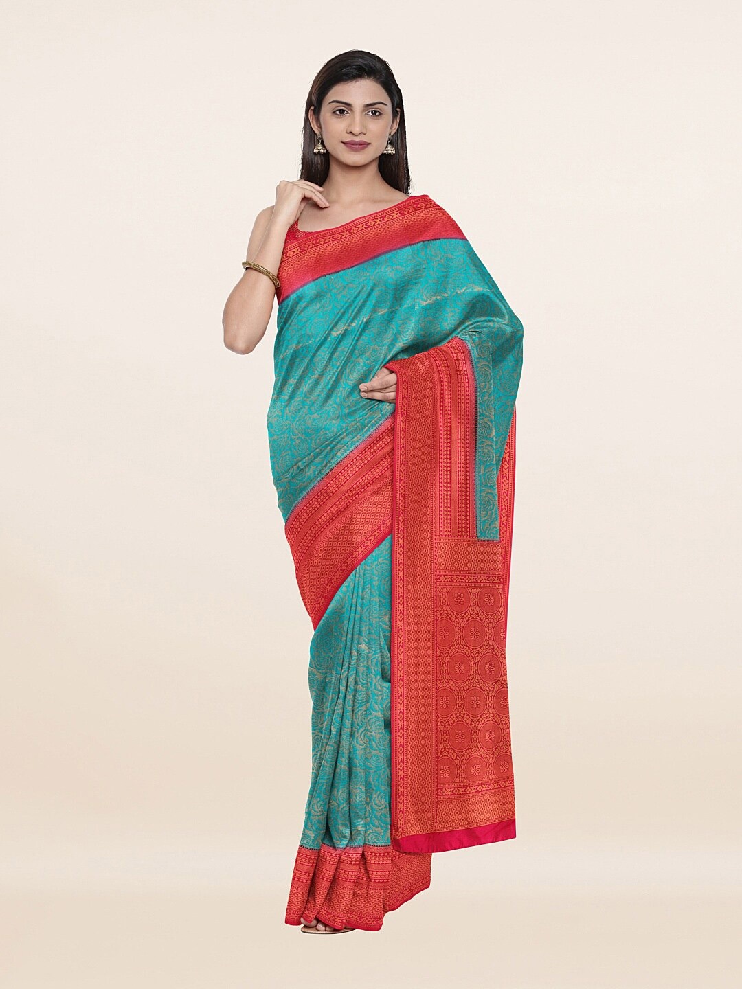 

Pothys Blue & Pink Floral Zari Art Silk Saree