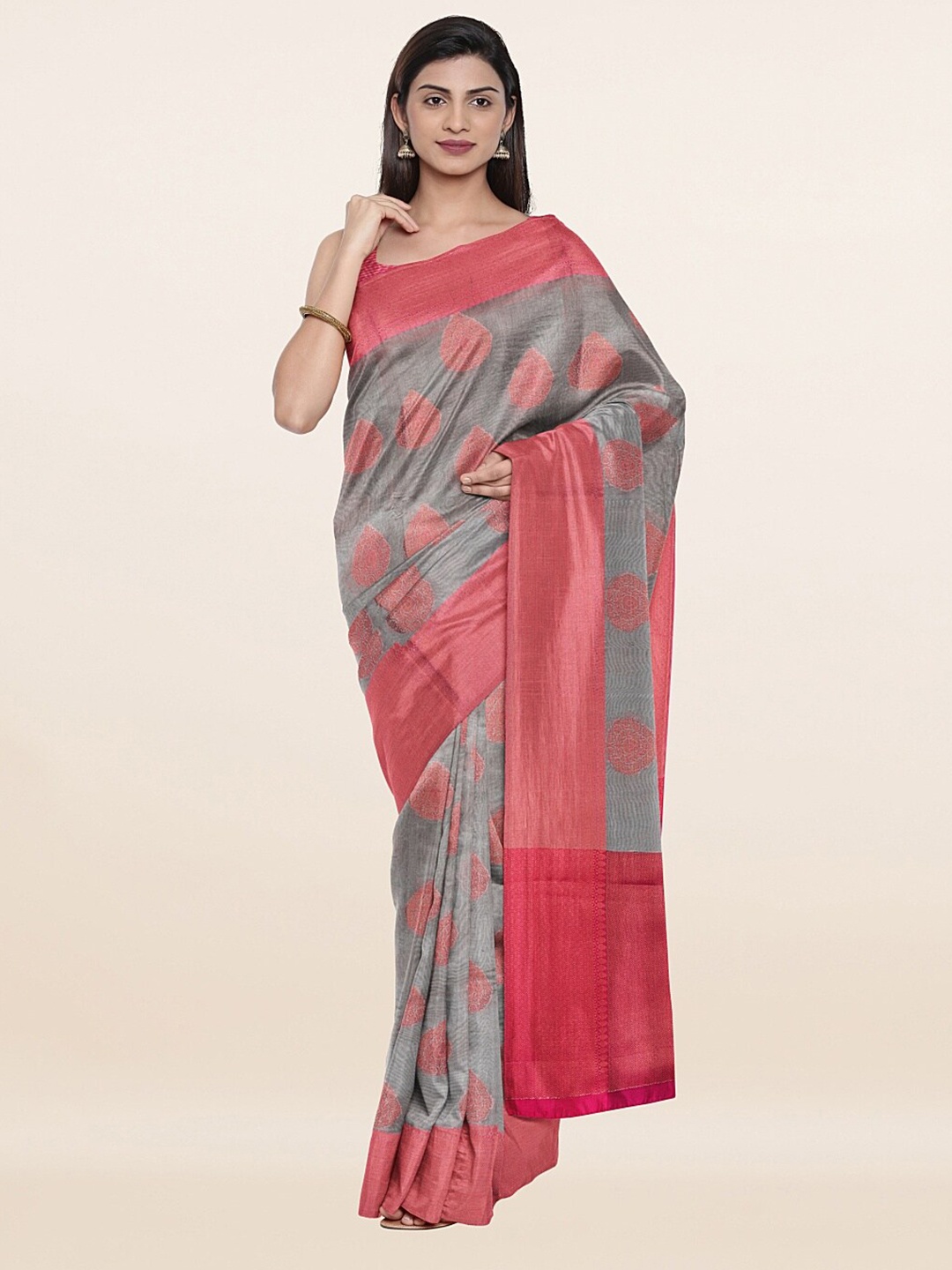 

Pothys Grey & Pink Woven Design Cotton Blend Saree