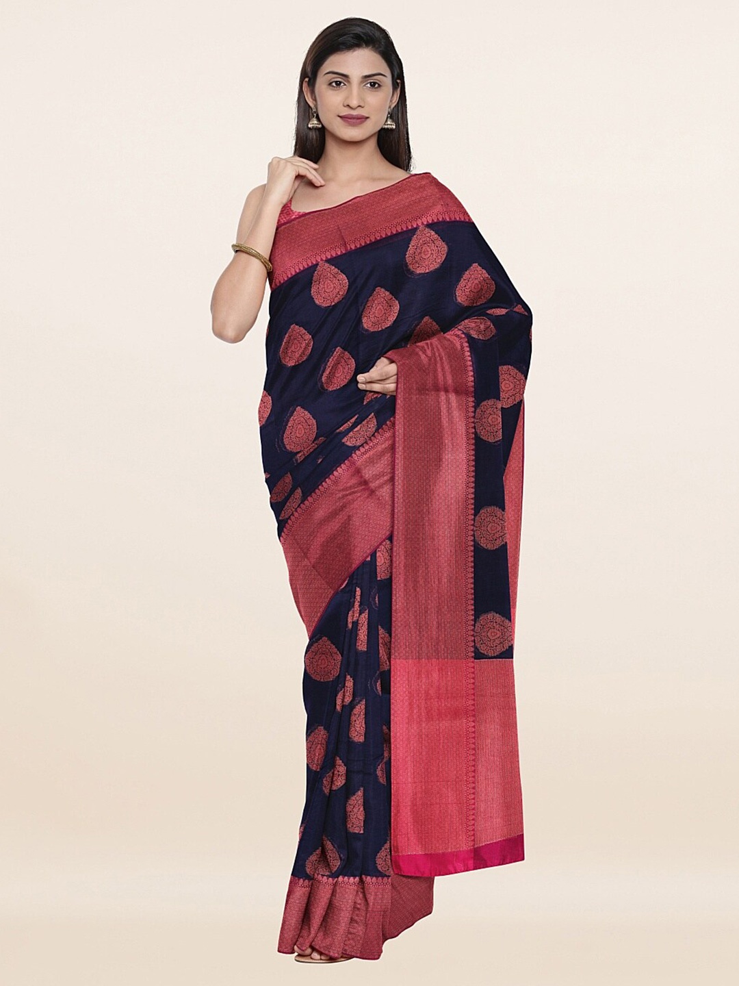 

Pothys Blue & Pink Ethnic Motifs Zari Saree