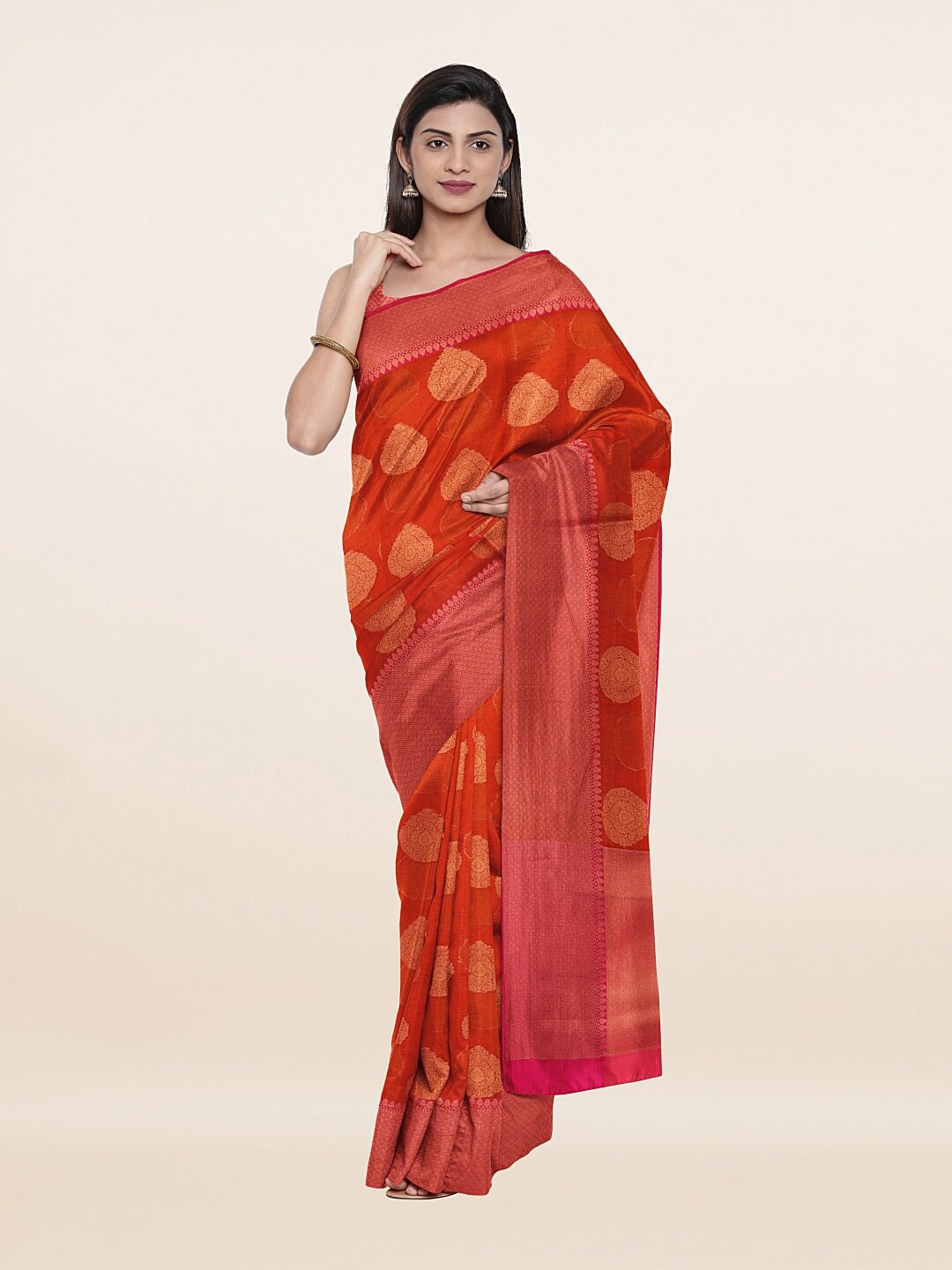 

Pothys Orange & Gold-Toned Woven Design Saree