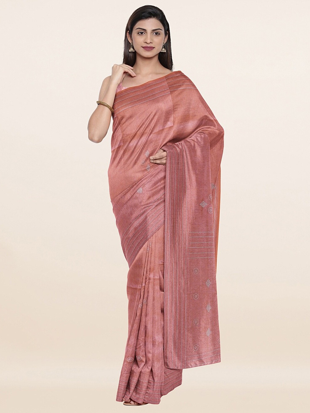 

Pothys Pink & Silver-Toned Tissue Saree