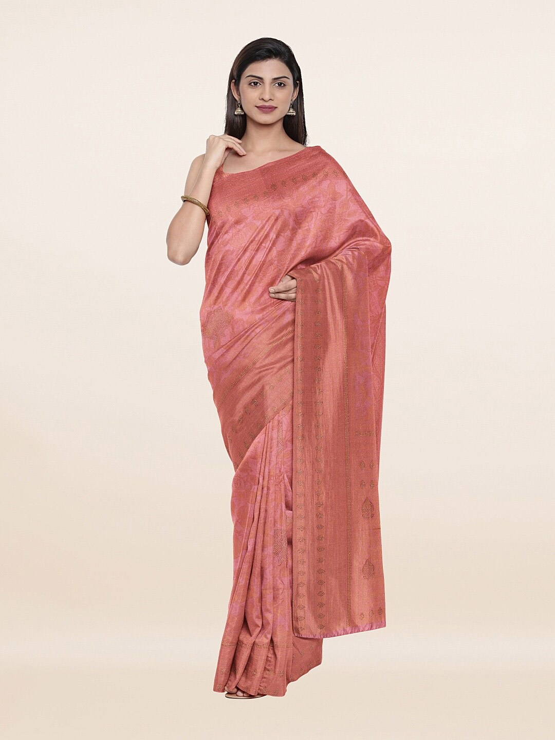 

Pothys Pink & Golden Embellished Beads and Stones Tissue Saree