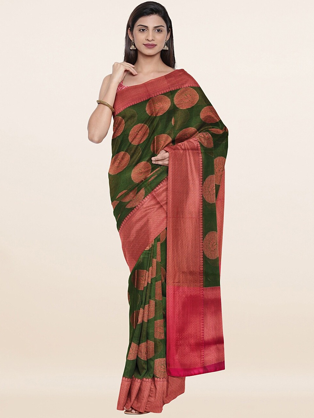 

Pothys Green & Pink Woven Design Saree
