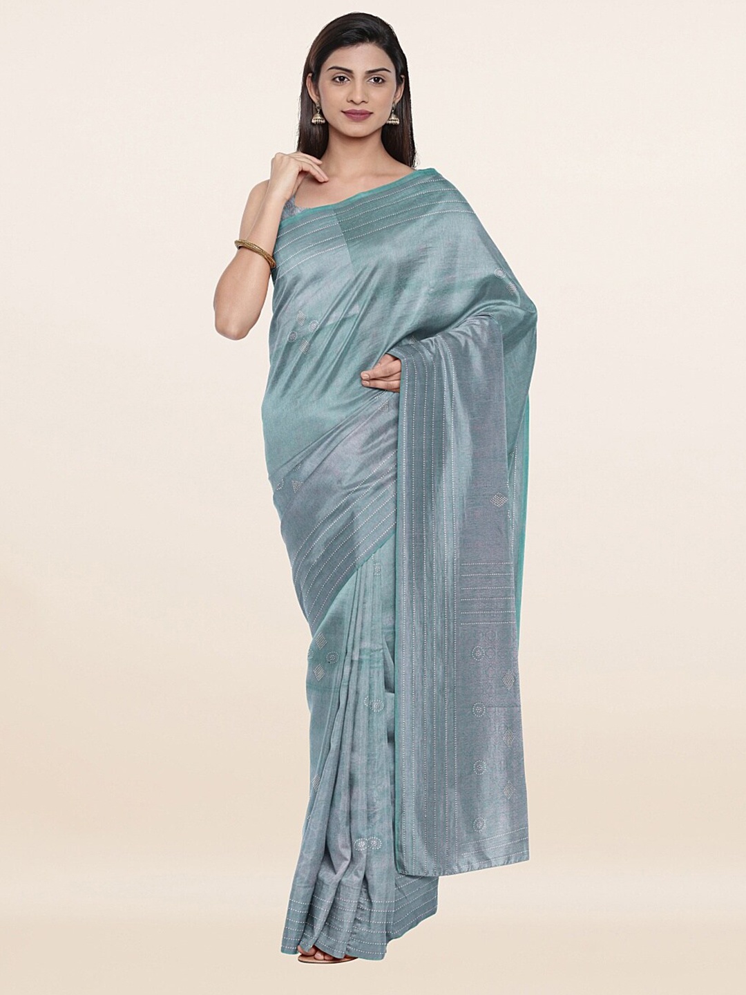 

Pothys Blue Embellished Beads and Stones Tissue Saree