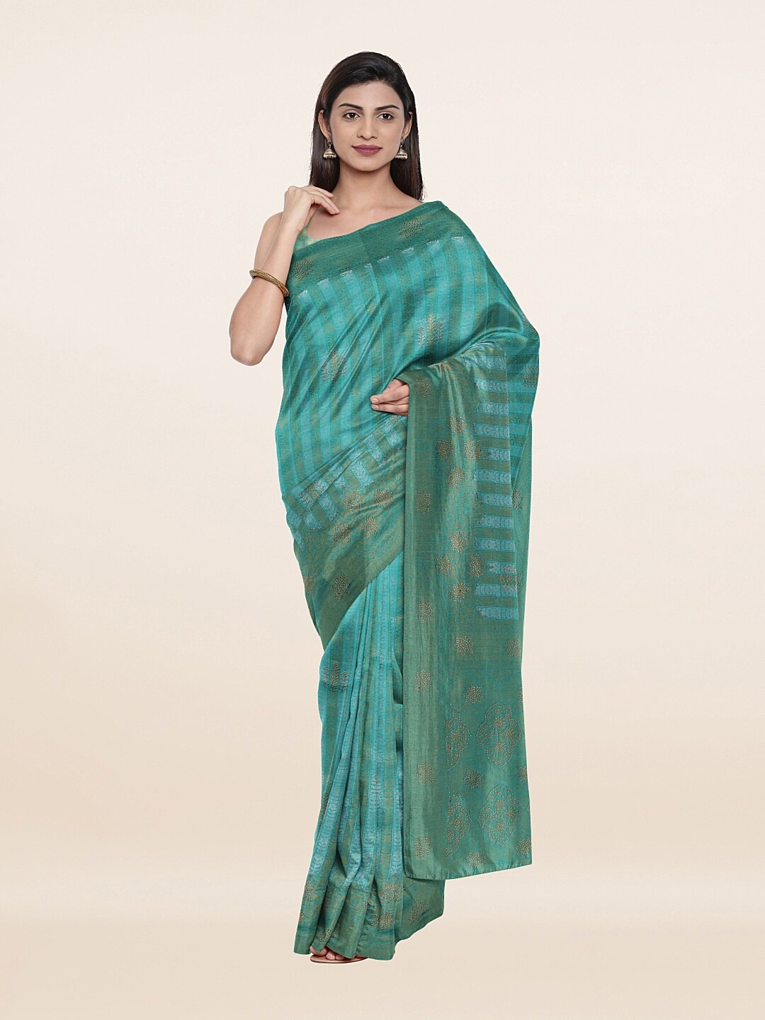 

Pothys Blue & Silver-Toned Floral Tissue Saree