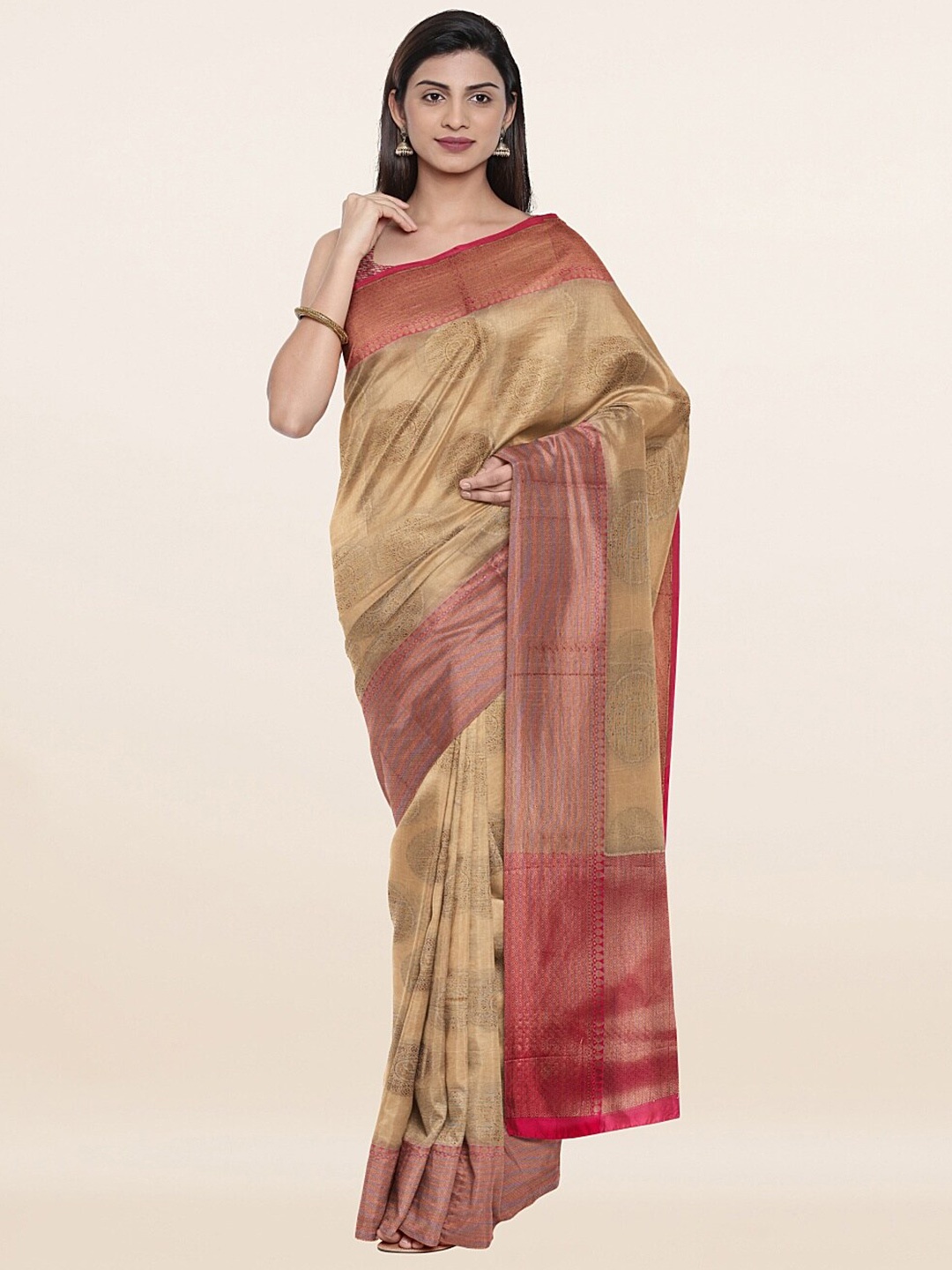 

Pothys Cream-Coloured & Gold-Toned Woven Design Saree