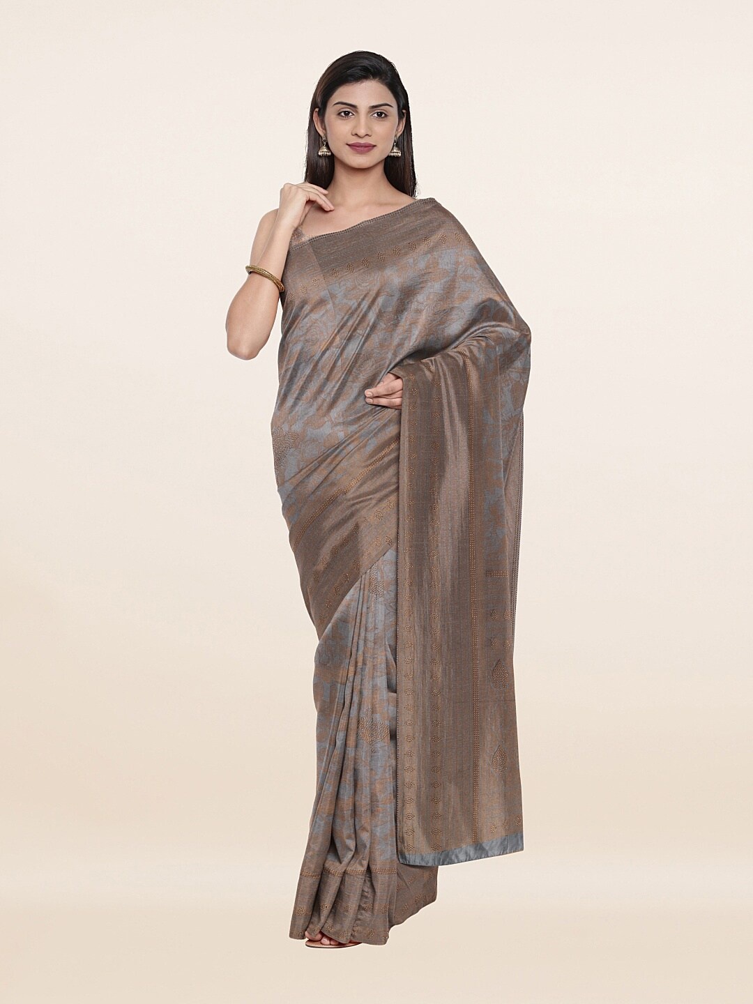 

Pothys Grey & Golden Floral Beads and Stones Tissue Saree