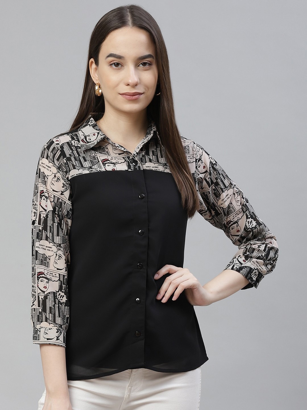 

RIVI Black Animal Print Georgette Shirt Style Top