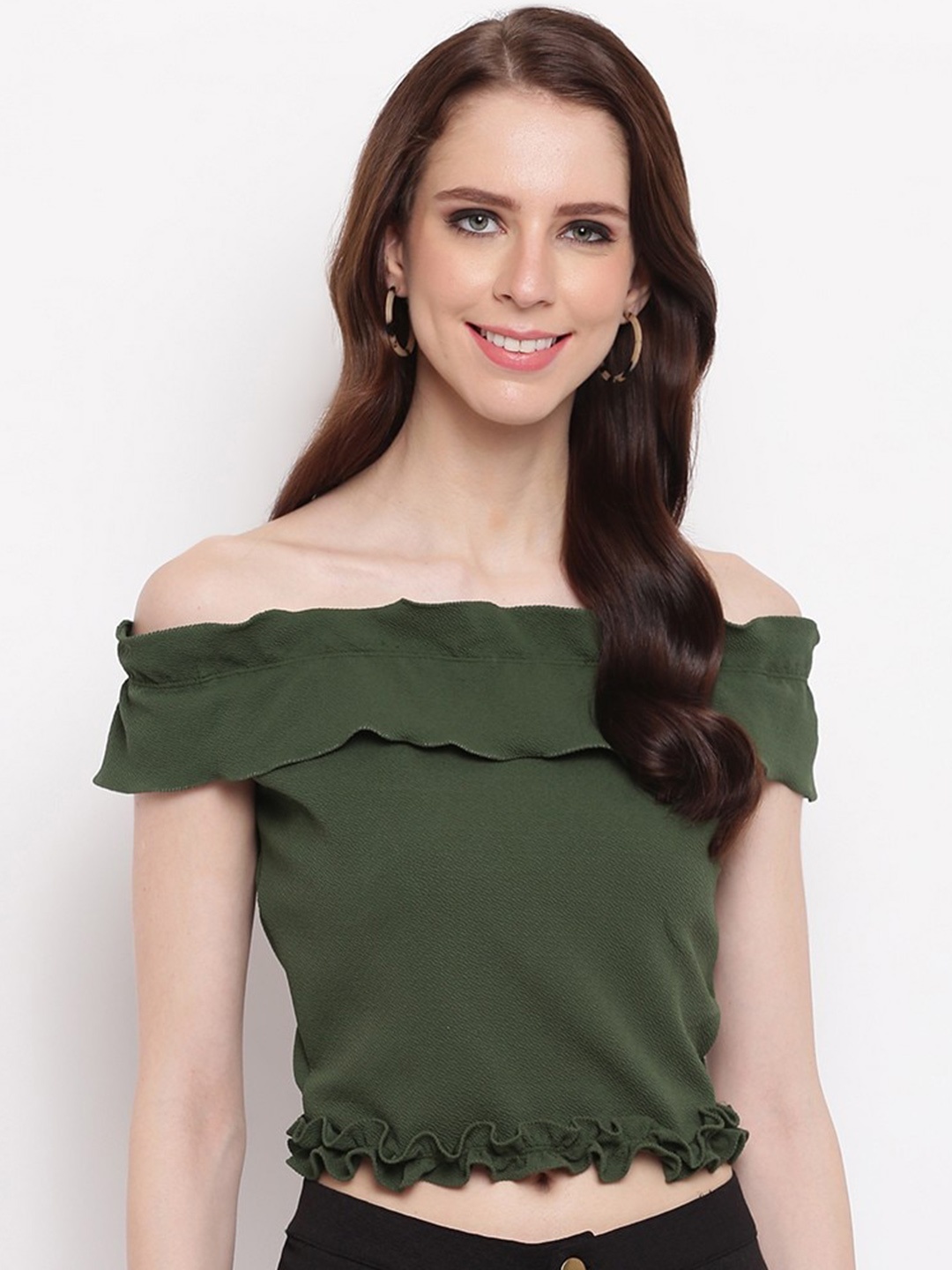 

RIVI Green Off-Shoulder Bardot Crop Top