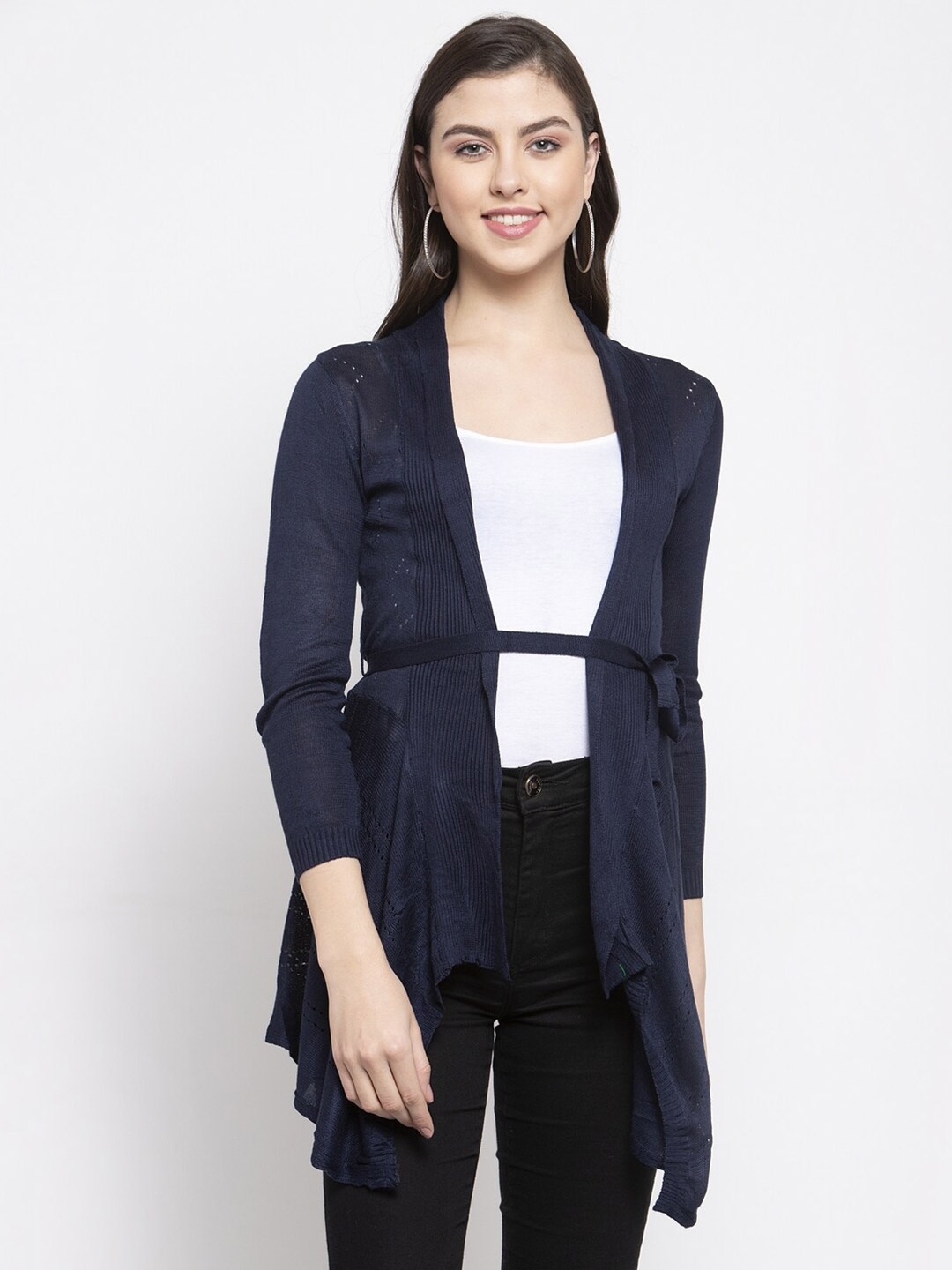 

KLOTTHE Women Navy Blue Self Design Tie-Up Shrug