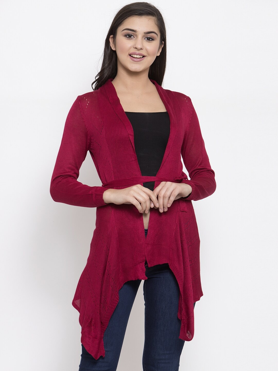 

KLOTTHE Women Maroon Monochrome Tie-Up Shrug