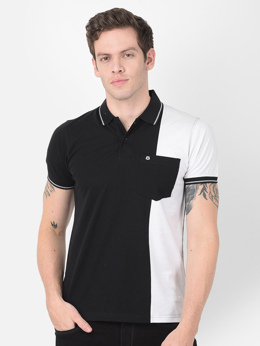 

berry blues Men Colourblocked Cotton Polo Collar T-shirt, Black