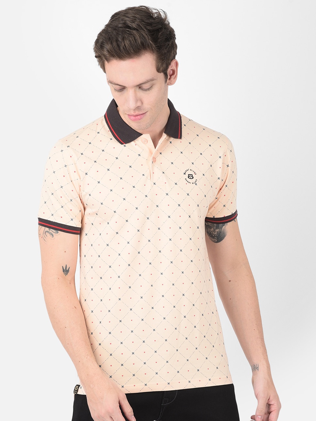 

berry blues Men Printed Cotton Polo Collar T-shirt, Beige