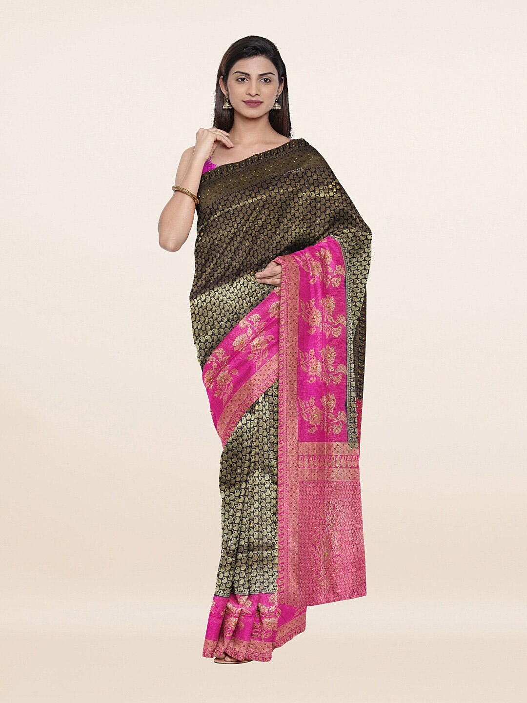 

Pothys Pink & Green Woven Design Zari Pure Silk Saree