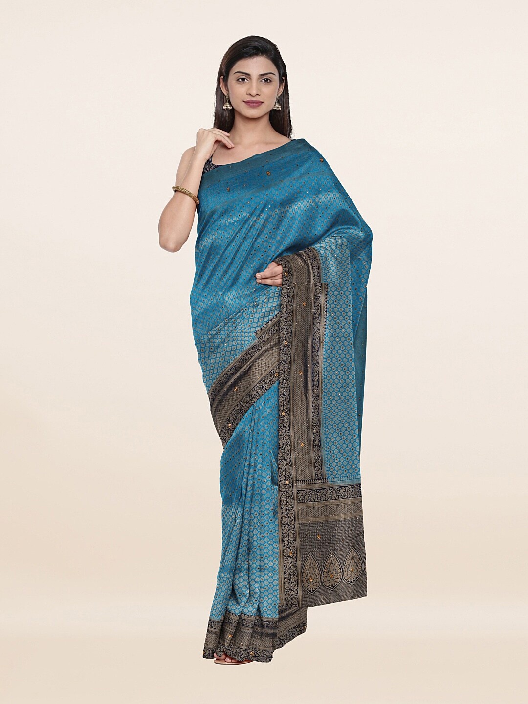 

Pothys Blue & Black Embellished Beads and Stones Pure Silk Saree