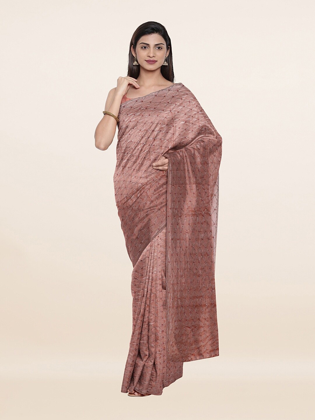 

Pothys Mauve & Gold-Toned Floral Beads and Stones Saree