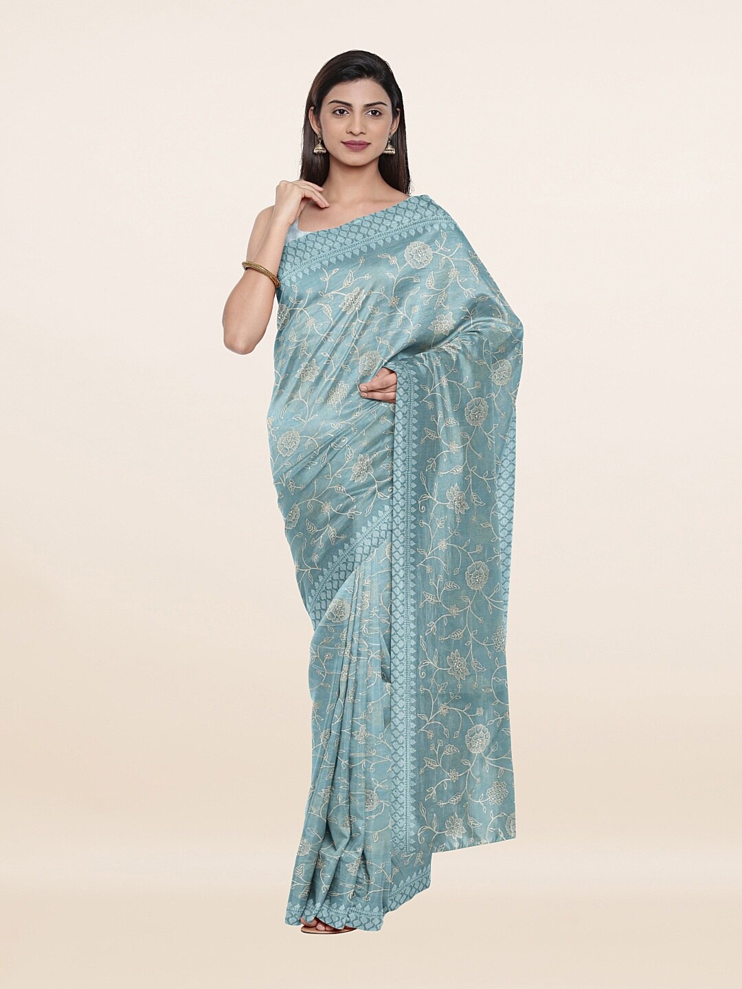 

Pothys Blue & Gold-Toned Woven Design Beads and Stones Saree