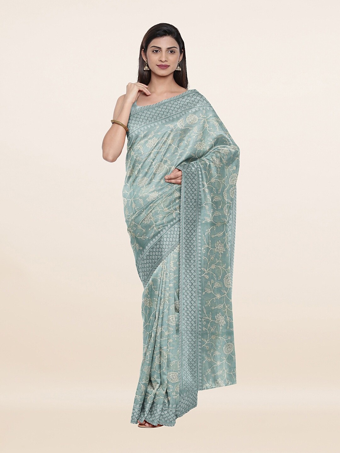 

Pothys Blue & Silver-Toned Floral Printed Poly Georgette Saree