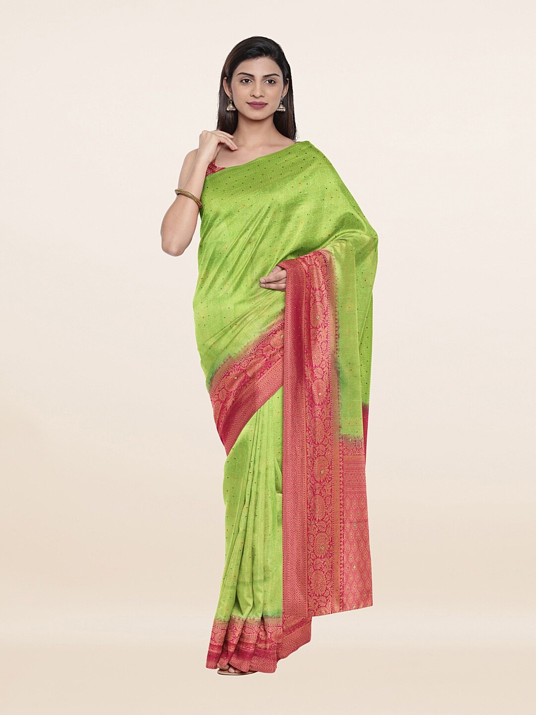 

Pothys Green & Pink Floral Beads and Stones Pure Silk Saree