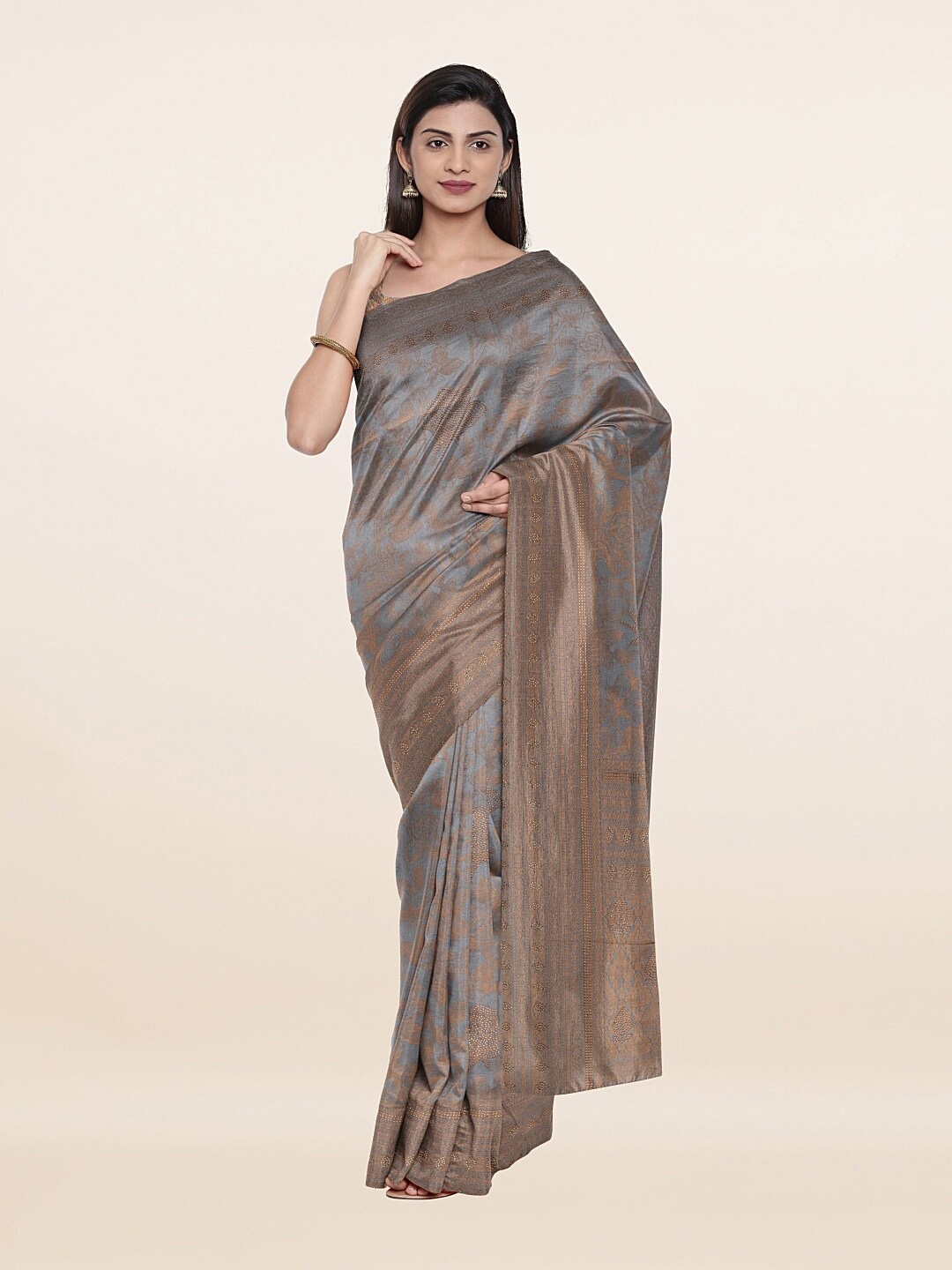 

Pothys Grey & Brown Woven Design Beads and Stones Pure Silk Saree