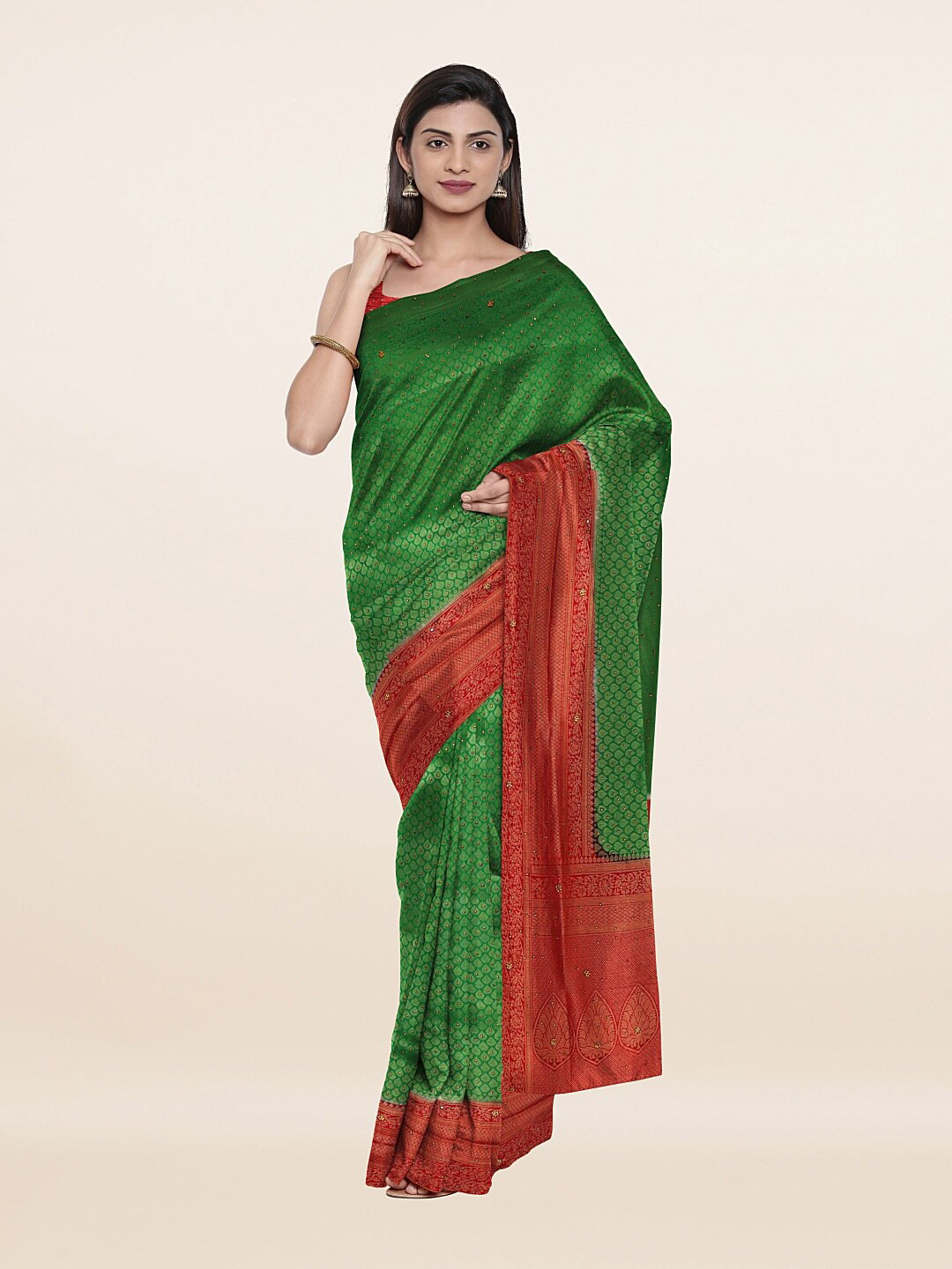 

Pothys Green & Red Woven Design Beads and Stones Pure Silk Saree