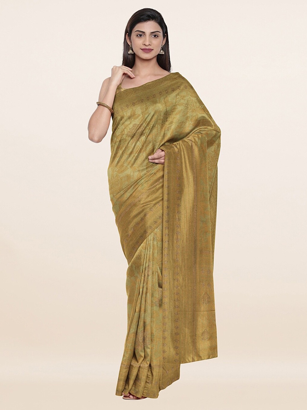 

Pothys Green & Gold-Toned Woven Design Beads and Stones Pure Silk Saree