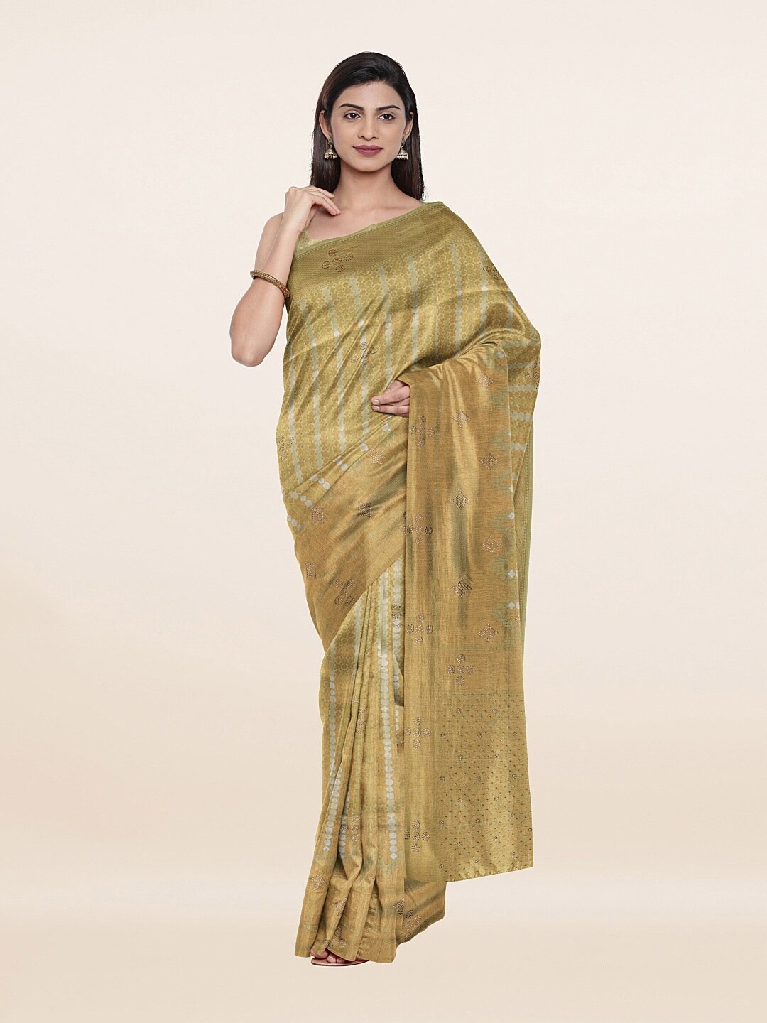 

Pothys Green & Silver-Toned Woven Design Pure Silk Saree