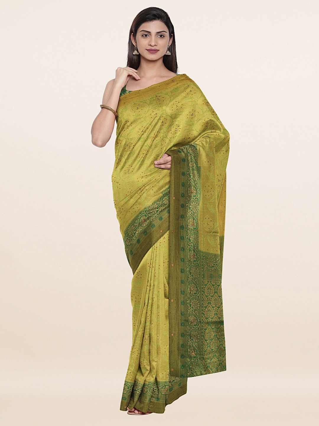 

Pothys Green Embellished Beads and Stones Pure Silk Saree