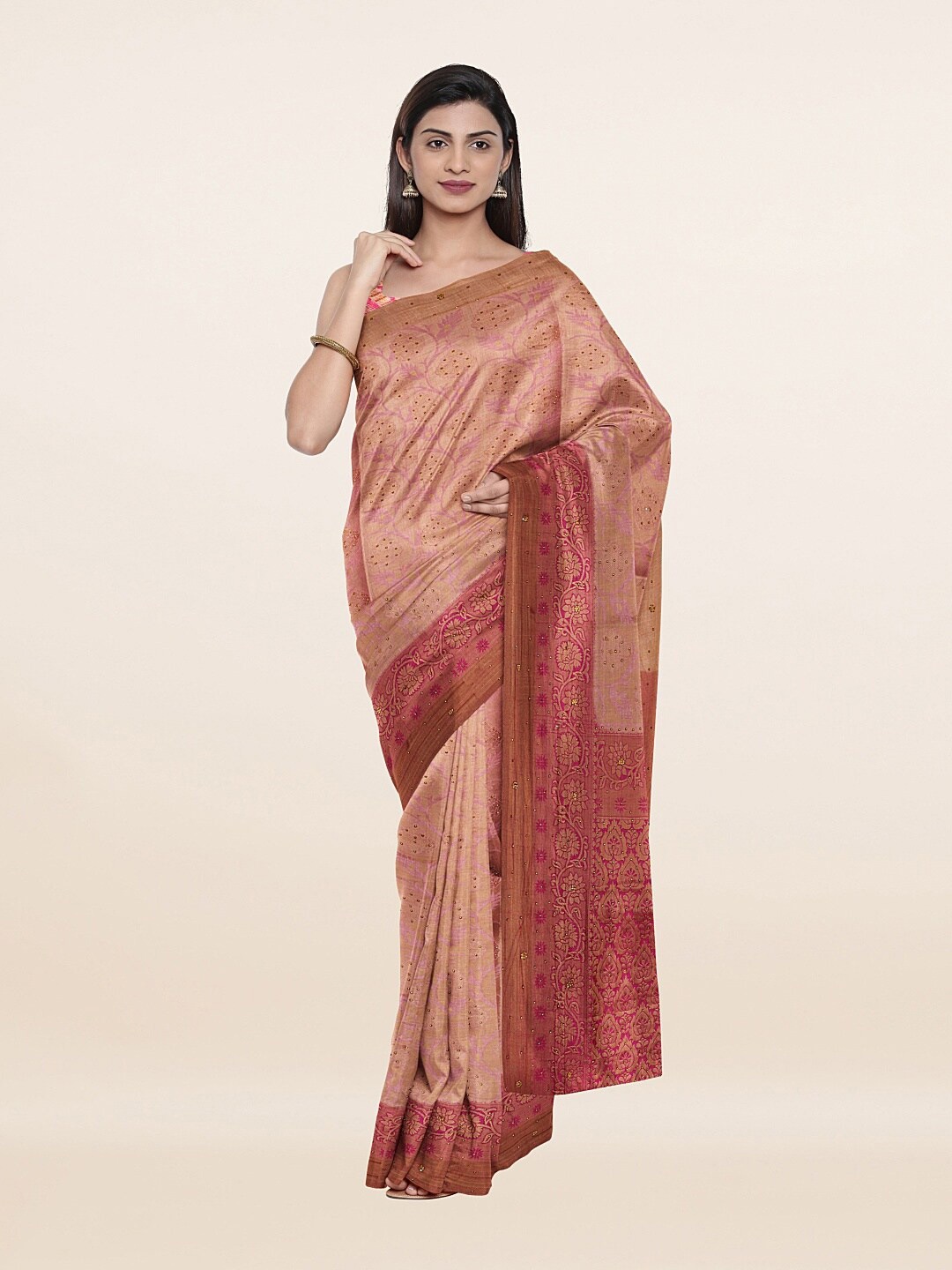 

Pothys Pink & Gold-Toned Floral Beads and Stones Pure Silk Saree