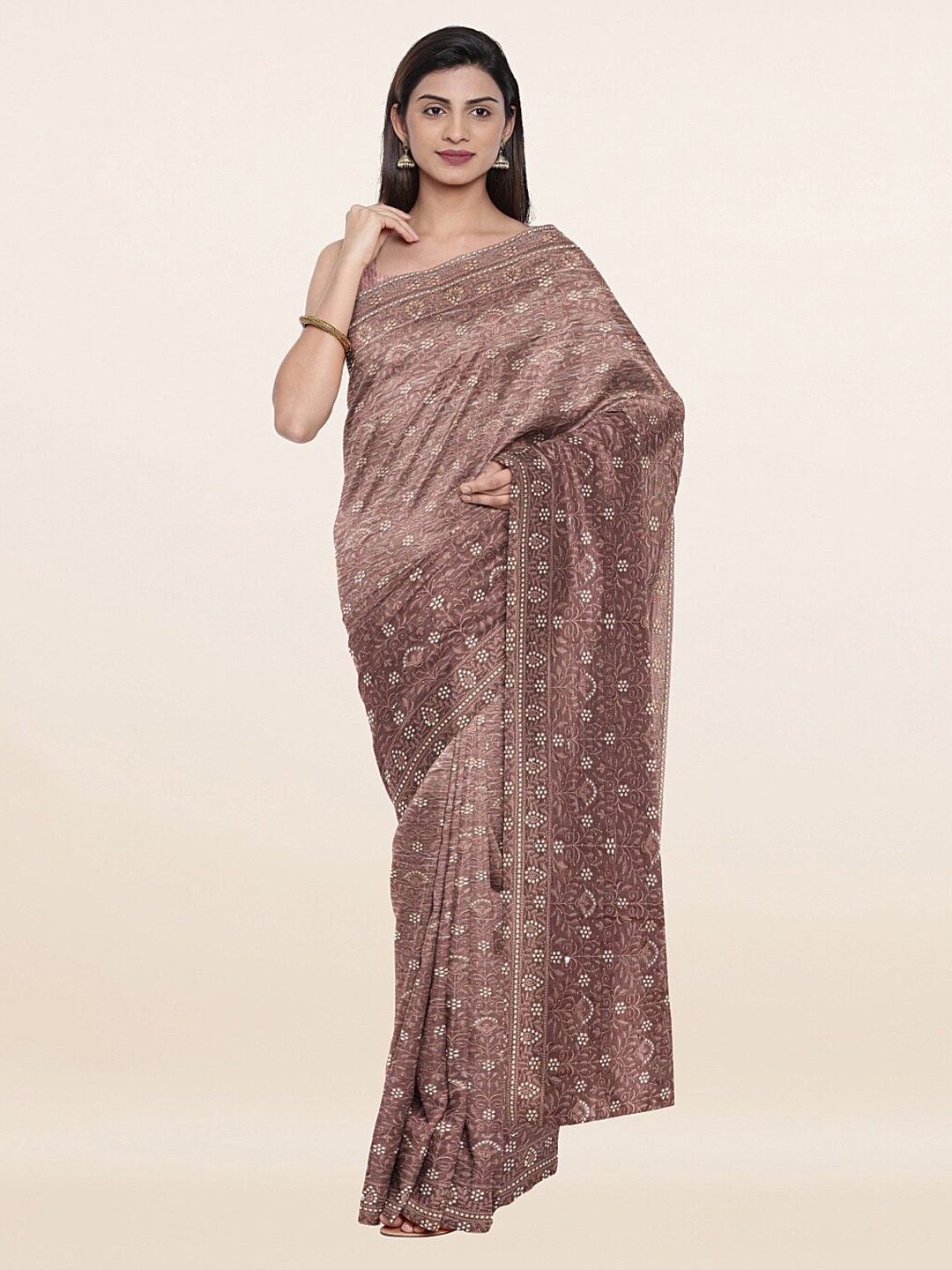 

Pothys Mauve Floral Embroidered Poly Georgette Saree