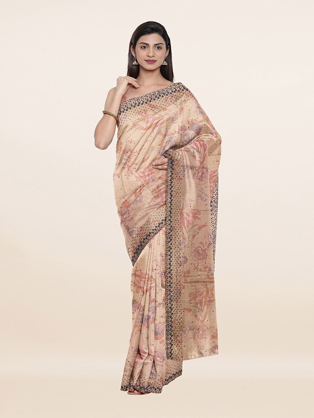 

Pothys Cream-Coloured & Purple Floral Beads and Stones Saree