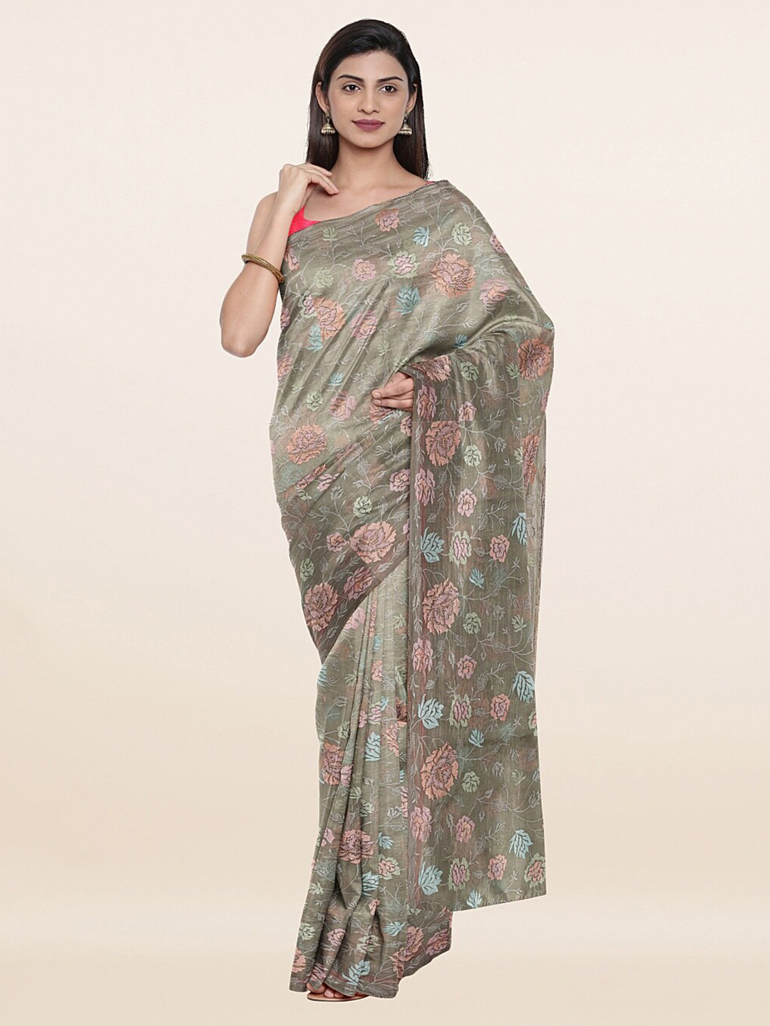 

Pothys Green & Pink Floral Embroidered Saree