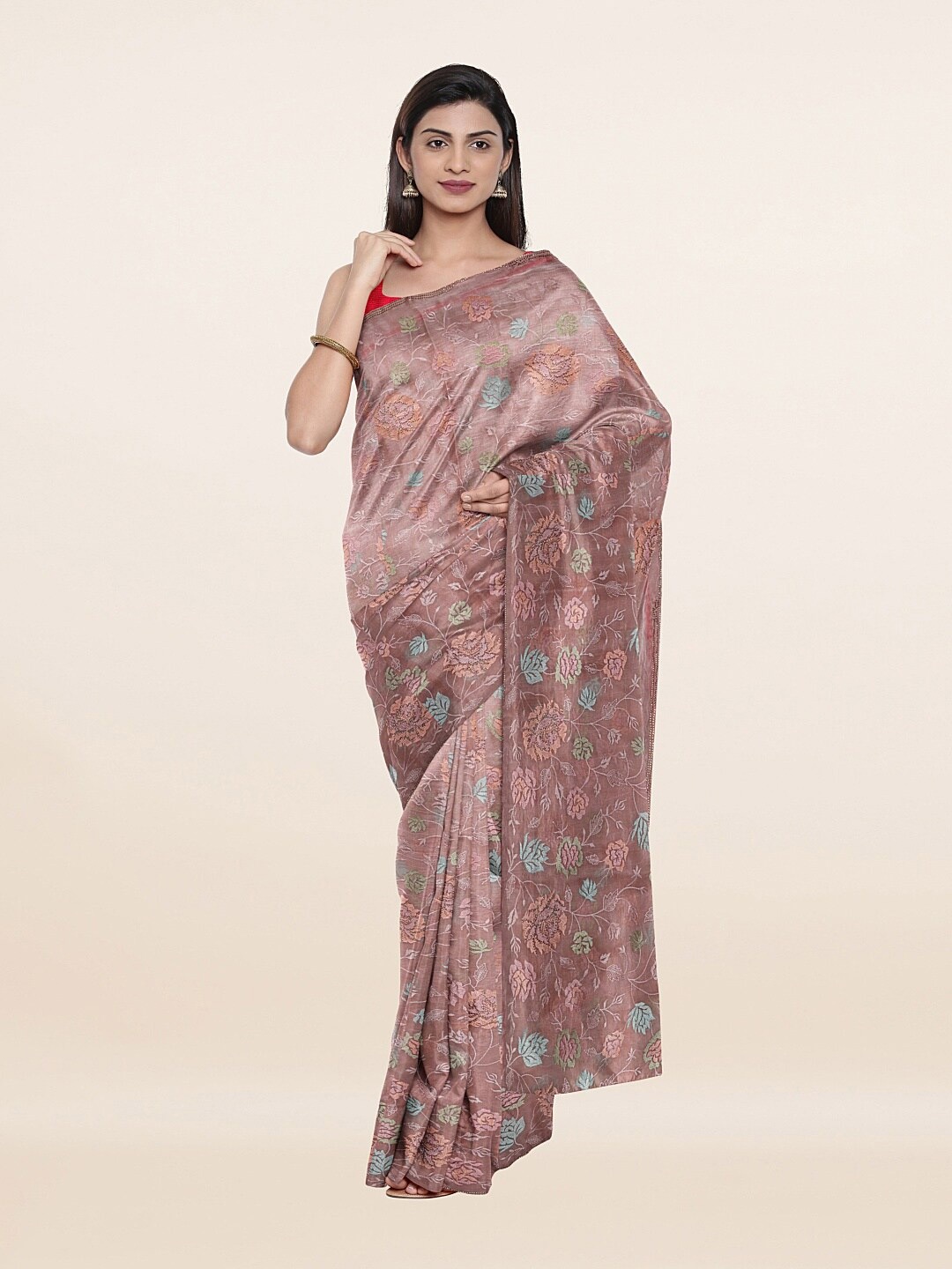 

Pothys Peach-Coloured & Blue Floral Saree