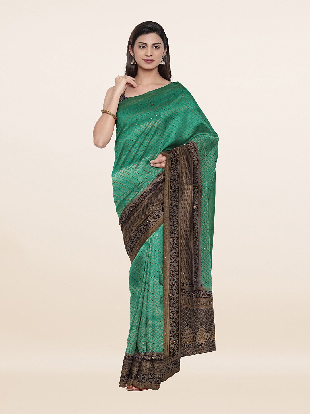 

Pothys Green & Navy Blue Woven Design Embellished Pure Silk Banarasi Saree