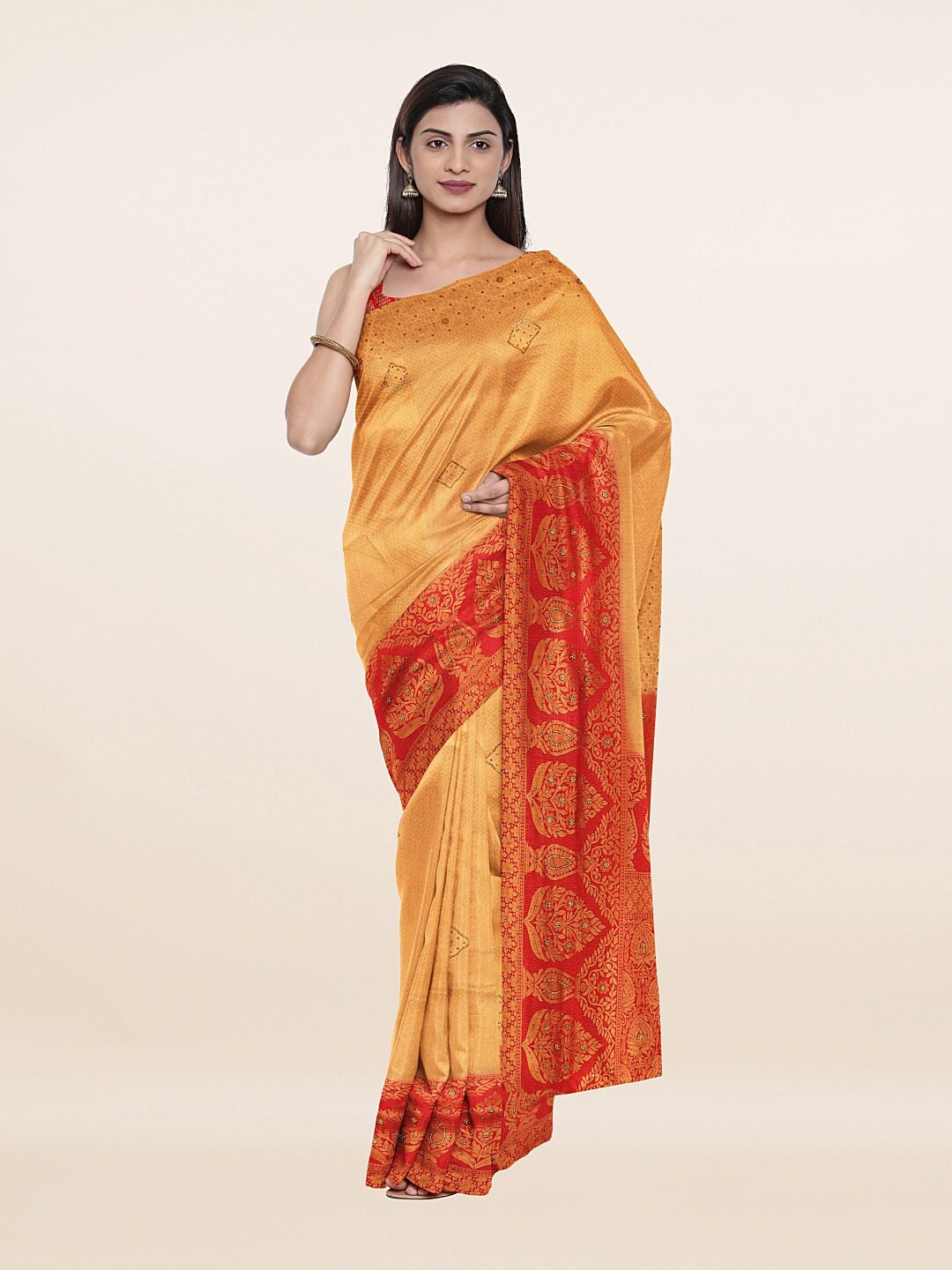 

Pothys Orange & Red Woven Design Embellished Pure Silk Banarasi Saree