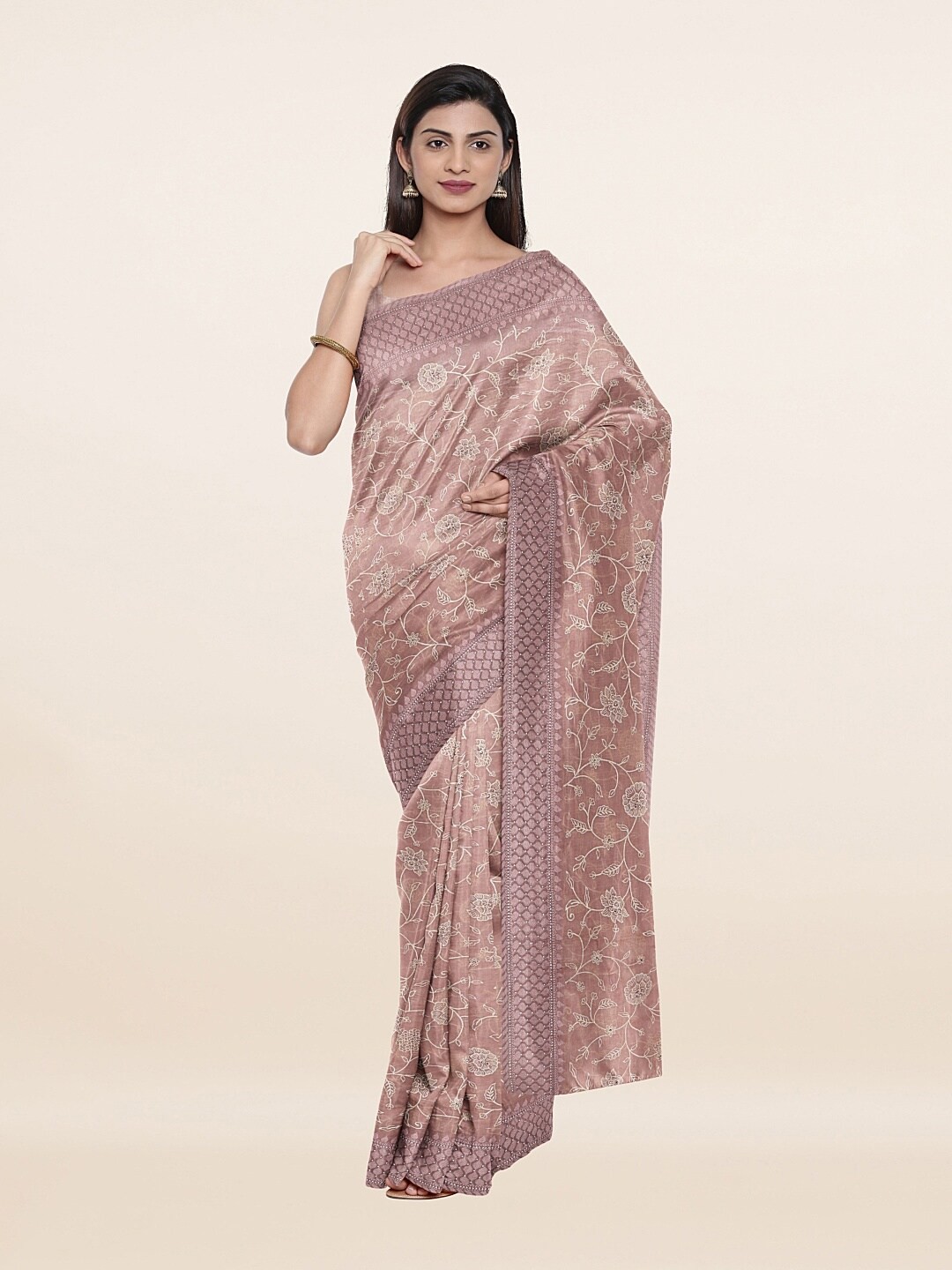 

Pothys Peach-Coloured & Gold-Toned Floral Embroidered Saree